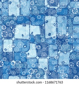 Abstract seamless pattern of ice colors on a background of various translucent snowflakes.