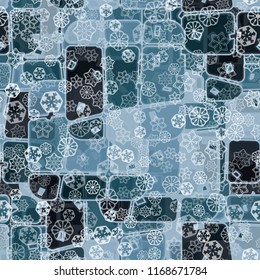 Abstract seamless pattern of ice colors on a background of various translucent snowflakes.