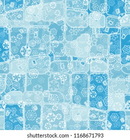 Abstract seamless pattern of ice colors on a background of various translucent snowflakes.