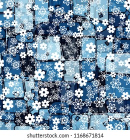 Abstract seamless pattern of ice colors on a background of a variety of snowflakes.