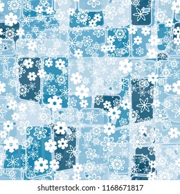 Abstract seamless pattern of ice colors on a background of a variety of snowflakes.