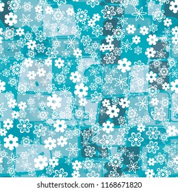 Abstract seamless pattern of ice colors on a background of a variety of snowflakes.