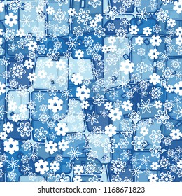 Abstract seamless pattern of ice colors on a background of a variety of snowflakes.