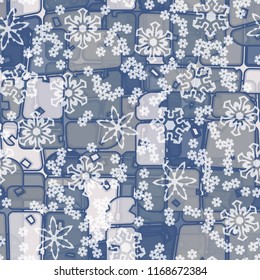Abstract seamless pattern of ice colors on a background of translucent snowflakes.