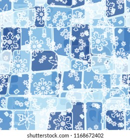 Abstract seamless pattern of ice colors on a background of translucent snowflakes.