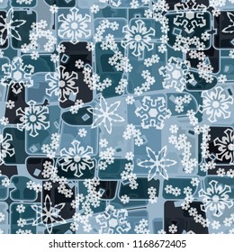 Abstract seamless pattern of ice colors on a background of translucent snowflakes.