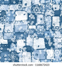 Abstract seamless pattern of ice colors on a background of translucent snowflakes.