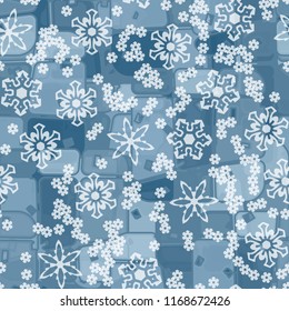 Abstract seamless pattern of ice colors on a background of translucent snowflakes.