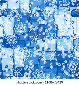 Abstract seamless pattern of ice colors on a background of translucent snowflakes.