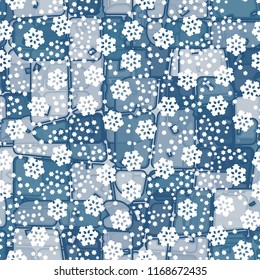 Abstract seamless pattern of ice colors on a symbolic snowfall background.