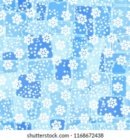 Abstract seamless pattern of ice colors on a symbolic snowfall background.