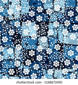 Abstract seamless pattern of ice colors on a symbolic snowfall background.