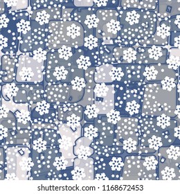 Abstract seamless pattern of ice colors on a symbolic snowfall background.