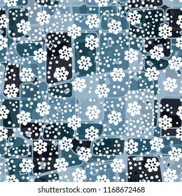 Abstract seamless pattern of ice colors on a symbolic snowfall background.