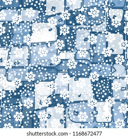 Abstract seamless pattern of ice colors on a symbolic snowfall background.