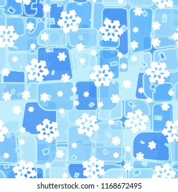 Abstract seamless pattern of ice colors on a background of symbolic snowflakes.