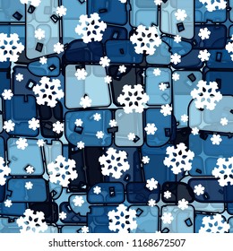 Abstract seamless pattern of ice colors on a background of symbolic snowflakes.