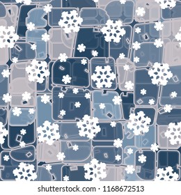 Abstract seamless pattern of ice colors on a background of symbolic snowflakes.