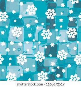 Abstract seamless pattern of ice colors on a background of symbolic snowflakes.