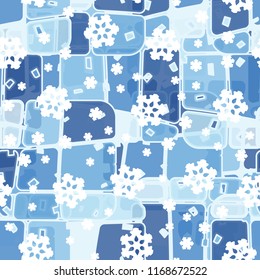 Abstract seamless pattern of ice colors on a background of symbolic snowflakes.