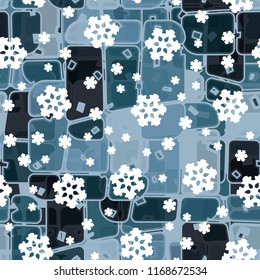 Abstract seamless pattern of ice colors on a background of symbolic snowflakes.