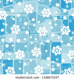 Abstract seamless pattern of ice colors on a background of symbolic snowflakes.