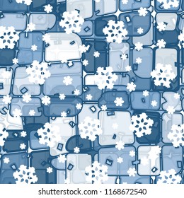 Abstract seamless pattern of ice colors on a background of symbolic snowflakes.