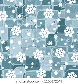 Abstract seamless pattern of ice colors on a background of symbolic snowflakes.
