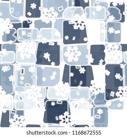 Abstract seamless pattern of ice colors on a background of symbolic snowflakes.