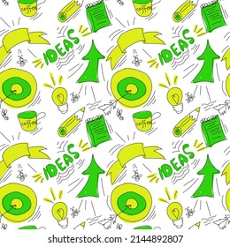 abstract seamless pattern with ideas  icons set. Yellow and green icons on white background.  Icons of coffee, pencil, notepad, lamp bulb