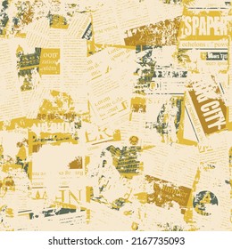 Abstract seamless pattern with illegible newspaper text, titles, illustrations and chaotic spots. Suitable for wallpaper, wrapping paper or fabric. Monochrome vector background in grunge style