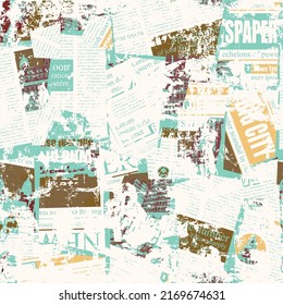 Abstract seamless pattern with illegible newspaper text, titles, illustrations and chaotic spots. Suitable for wallpaper, wrapping paper or fabric. Monochrome vector background in grunge style