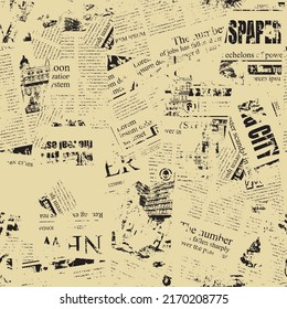 Abstract seamless pattern with illegible newspaper text, titles, illustrations and chaotic spots. Suitable for wallpaper, wrapping paper or fabric. Monochrome vector background in grunge style