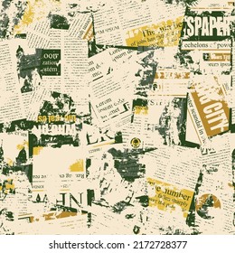 Abstract seamless pattern with illegible newspaper text, titles, illustrations and chaotic spots. Suitable for wallpaper, wrapping paper or fabric. Monochrome vector background in grunge style