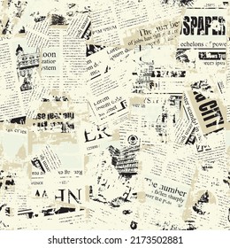 Abstract seamless pattern with illegible newspaper text, titles, illustrations and chaotic spots. Suitable for wallpaper, wrapping paper or fabric. Monochrome vector background in grunge style