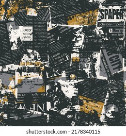 Abstract seamless pattern with illegible newspaper text, titles, illustrations and chaotic spots. Suitable for wallpaper, wrapping paper or fabric. Monochrome vector background in grunge style