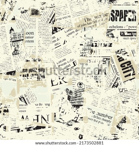 Abstract seamless pattern with illegible newspaper text, titles, illustrations and chaotic spots. Suitable for wallpaper, wrapping paper or fabric. Monochrome vector background in grunge style