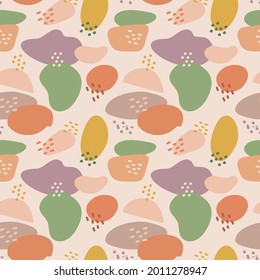 Abstract seamless pattern illustration. Colored chaotic spot. Warm colors. Simple cute style.