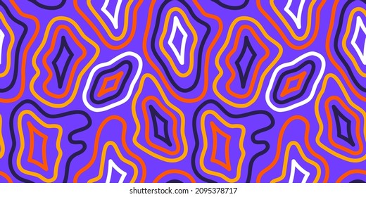 Abstract seamless pattern illustration with colorful line shapes in retro psychedelic art style. Colorful trendy background design.