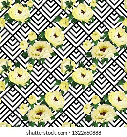 Abstract seamless pattern with the image of flowers of yellow peonies on a geometric background. Imitation of watercolor. Spring - summer motives. Vector graphics. Multicolor.