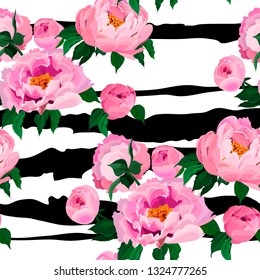 Abstract seamless pattern with the image of flowers of pink peonies on a light striped background. Imitation of watercolor. Spring - summer motives. Vector graphics. Multicolor.