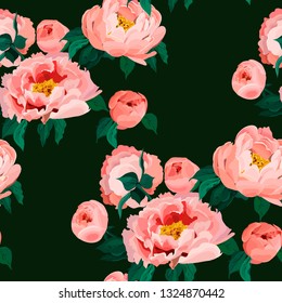 Abstract seamless pattern with the image of flowers of pink peonies on a dark background. Imitation of watercolor. Spring - summer motives. Vector graphics. Multicolor.