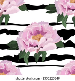 Abstract seamless pattern with the image of flowers of pink peonies on a white striped background. Imitation of watercolor. Spring - summer motives. Vector graphics. Multicolor.