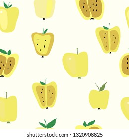Abstract seamless pattern with the image of the fruit of yellow apples on a white background. Primitive. Spring - summer motives. Vector graphics. Multicolor.