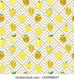 Abstract seamless pattern with the image of fruits of yellow apples on a geometric background. Primitivism. Spring - summer motives. Vector graphics. Multicolor.