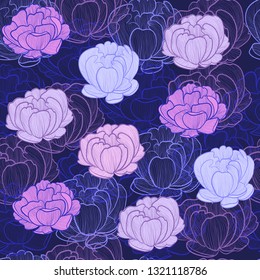 Abstract seamless pattern with the image of graphic openwork color flowers of peonies on indigo color background. Vector graphics.
