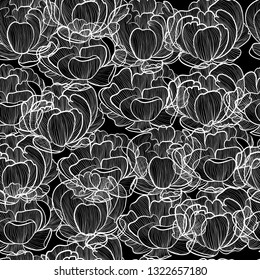 Abstract seamless pattern with the image of the graphic openwork white flowers of peonies on a black background. Vector graphics.
Imitation lace.