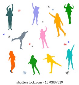 Abstract seamless pattern with images of silhouettes of multi-colored female figures in dance. Vector on a white background with little stars.