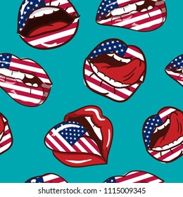 Abstract seamless pattern for Independence Day USA with lips and American flag. Pattern for T-shirts, fabrics, textiles, wrapping paper, wallpaper, bed, souvenirs, stationery, backpacks, clothes.