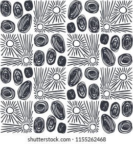 Abstract seamless pattern of ink circles and geometric flowers. Figure for textiles. Grunge texture. T-shirt design.